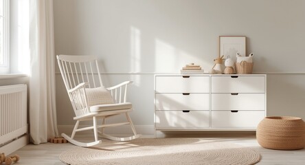 Fototapeta premium Modern nursery with a white rocking chair and coordinating storage drawers