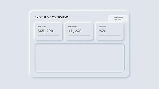 Sleek Neumorphism UI Dashboard Template for Modern Business Data Visualization and Analytics Display. Clean Digital Interface Design for Executive Overview and Financial Reporting