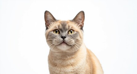 Playful British Shorthair cat with charming smile on white advertising backdrop
