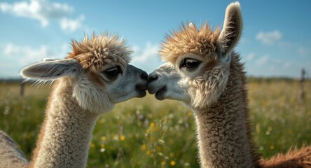 Fototapeta premium Charming young llama duo touching noses in vibrant pasture