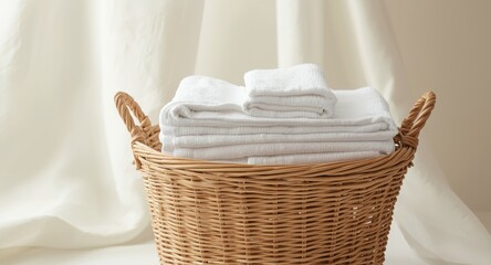 Fototapeta premium white towels folded inside a decorative basket for linen storage