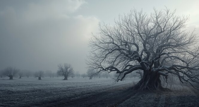 Intricately twisted branches of bare fig trees in a stark and empty winter plantation