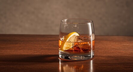 Stylish whiskey glass containing ice and lemon resting on bar wood grain