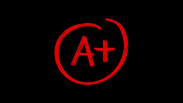 Bright red A+ grade symbol glowing inside a circular outline on a black background.
