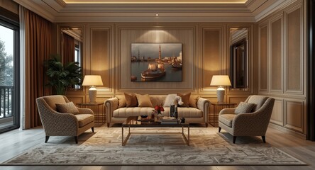 Fototapeta premium refined living room setting in a lavish home with plush carpets and lights