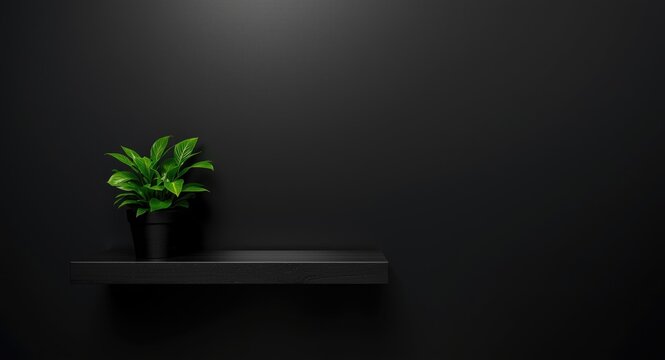 Black wall virtual office backdrop with a decorative wood shelf and green plant