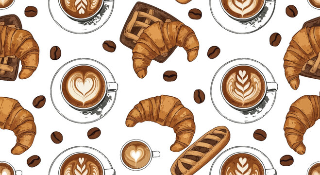 Delicious coffee and croissant pattern with coffee beans and latte art on transparent