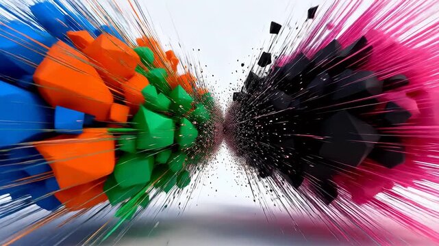 3D geometric shapes colliding in dynamic motion on white background