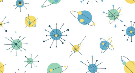 Mid century modern atomic starbursts and planets pattern on transparent background © MDMUKTADIR
