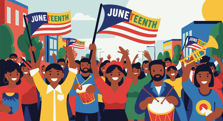 Vibrant Juneteenth Celebration with Diverse Crowd Waving Flags in Urban Setting, SR_50181d71-f33e-4329-922f-794e6e44eb60.eps