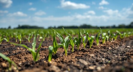 Naklejka premium Supervising fresh corn sprouts emerging from well prepared farmland
