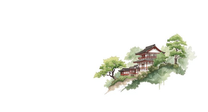 Delicate sumi e ink and watercolor illustration of Japanese buildings and verdant trees on a white backdrop