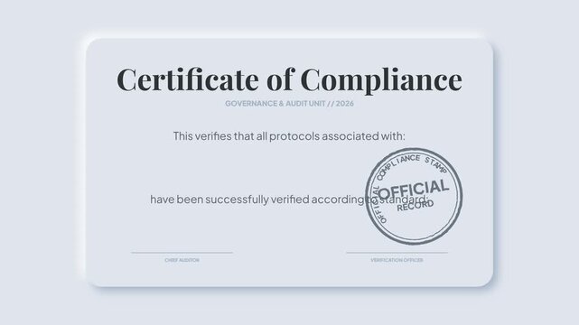 Conceptual design of a regulatory compliance certificate, symbolizing official validation, successful verification, and adherence to professional standards for business operations