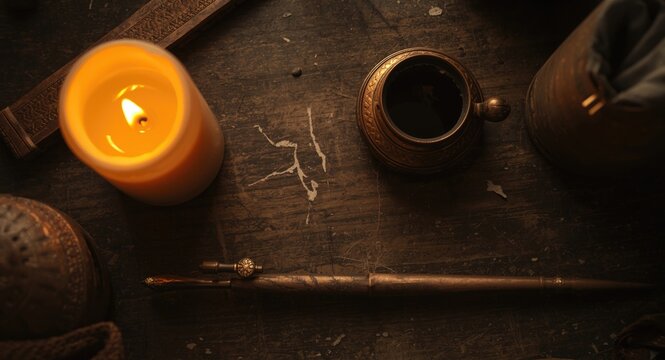 Top view of historical writing tools including candle and inkpot on wood