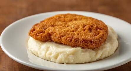 Fototapeta premium Crispy fried meat cutlet served on a plate with creamy mashed potato side dish