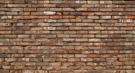 Fototapeta premium Close perspective on a rustic wall made of many small packed bricks