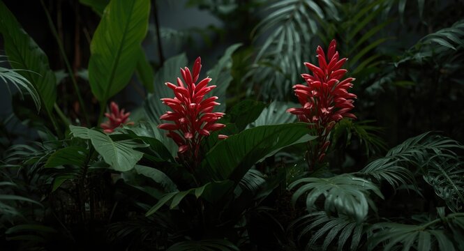 Indoor tropical plant scene with colorful red Acalypha hispida flowers and dense greenery