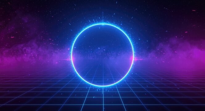 Synthwave glitch circle radiating blue and pink neon glows with smoky particle textures over a laser grid space background for wallpaper