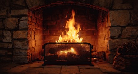 Rustic stone fireplace with protective fire grid screen