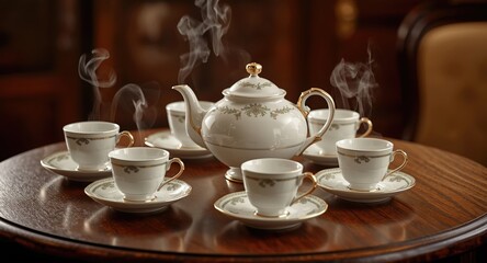 Fototapeta premium Group indulges in hot beverages served from a stylish teapot with coordinated cups on a charming table