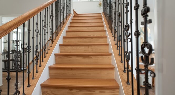 Staircase featuring natural wood steps and handrails with white risers and wrought iron spindles in a modern home