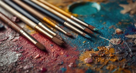 Obraz premium Textured palette surface with acrylic paint brushes for creative art lessons