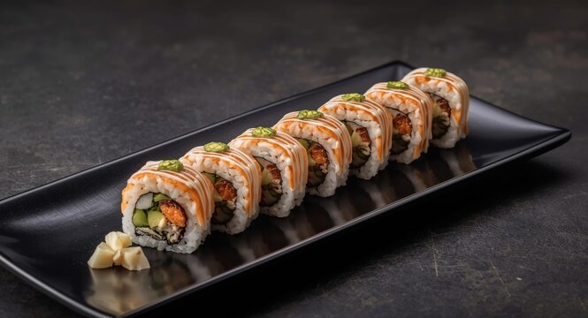 Gourmet sushi rolls placed consecutively with wasabi dollops and sliced ginger on a dark contemporary plate