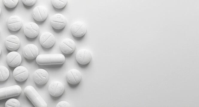 Hydrocodone prescription pills with copy space for medical education