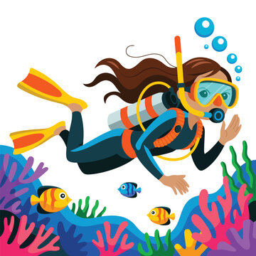 Dynamic Scuba Diver and Driving Vector Illustration.