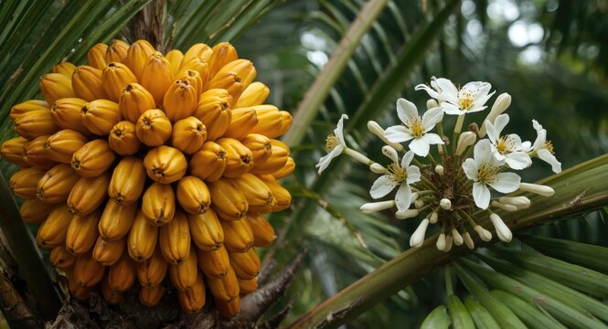 Exotic castrated oil palm fruit clusters and flowering branches featuring copy space