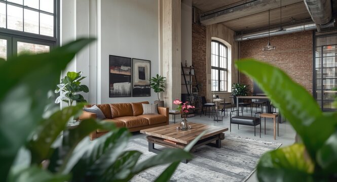 industrial chic loft living room featuring open layout and neutral color palette