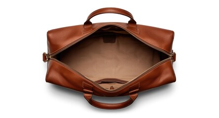 Naklejka premium Open brown leather holdall bag with detailed stitching on white background