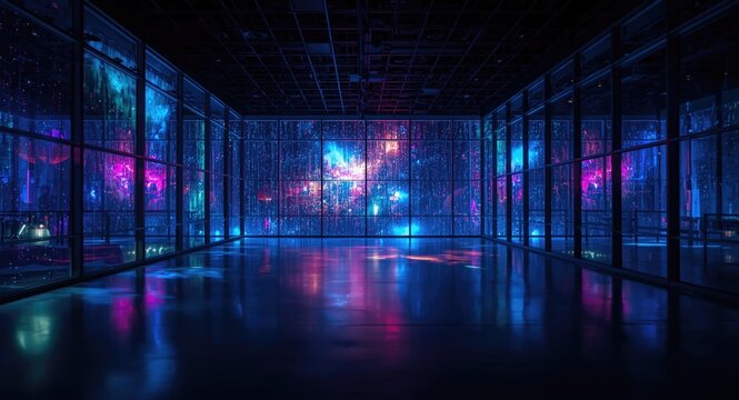 Illuminated party space featuring grand glass windows and colorful nighttime light reflections