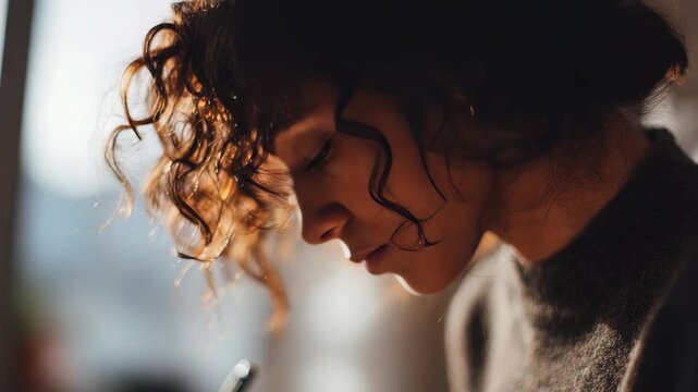 Young woman with curly hair thoughtfully writing in a notebook, illuminated by soft natural light. Creative inspiration and concentration are evident in her focused expression and gentle posture
