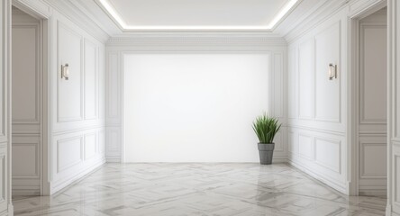 Fototapeta premium Stylish open hallway featuring a white wall mockup and polished flooring