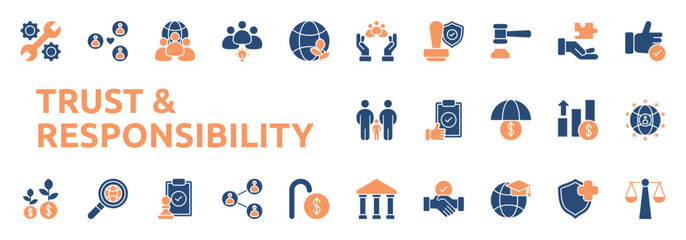 Trust And Responsibility icon two color style with social, connection, teamwork, community, idea, sustainability icons