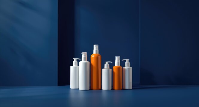 Arrangement of spa cosmetic bottles in white and orange on a rich dark blue background