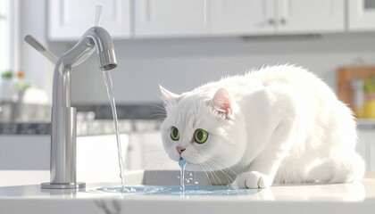 White Cat Drinking Water from Kitchen Faucet on Modern Countertop