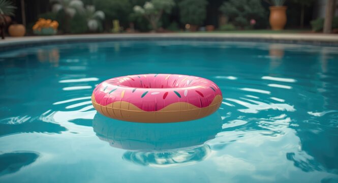 Vibrant plastic donut float relaxing on tranquil backyard pool with gentle ripples
