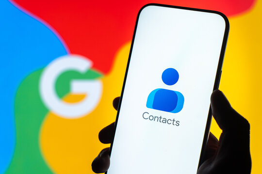 Google contacts logo is displayed on the screen of a smartphone, in Bangalore, India, on February 28, 2026
