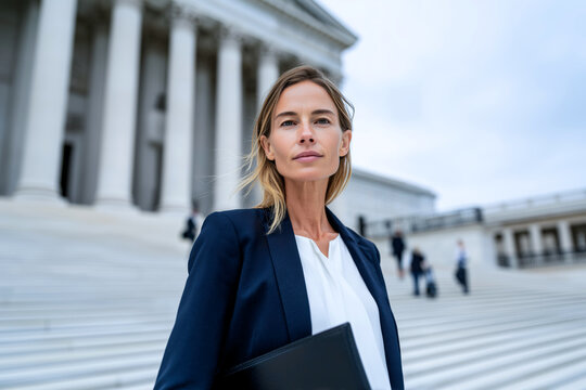 Confident female lawyer standing outside courthouse building, professional attorney holding legal folder near government court steps. Serious business woman, justice system, legal service
