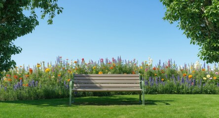 Obraz premium Still bench set beside lively flower patch and vibrant sky with ample copy space
