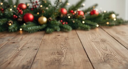 Seasonal fir and Christmas decorative arrangement on natural wood table with copy space