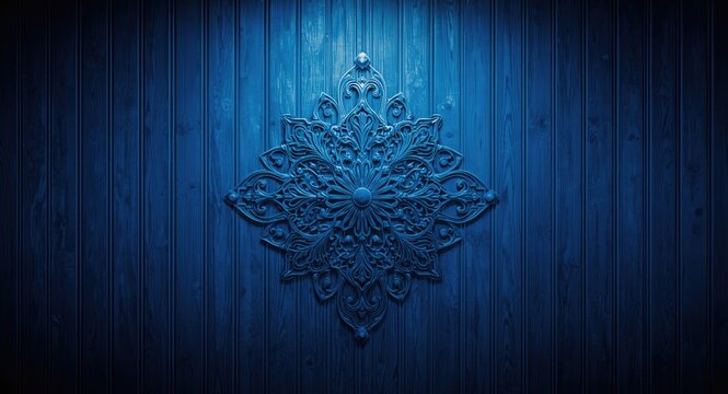 Intricate symmetrical design on electric blue wooden wall with parallel line texture