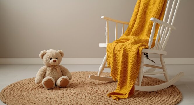 Baby nursery with teddy bear on textured rug and yellow blanket beside white rocking chair