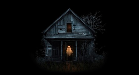 Naklejka premium Abstract scary Halloween wallpaper featuring an abandoned house with ghostly light in a dark attic chamber
