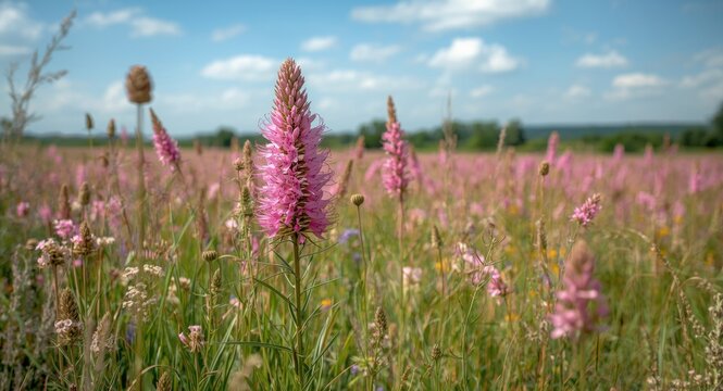 Summer field showcasing lively pink sainfoin flowers with mixed wildflower growth