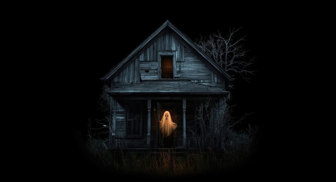 Abstract scary Halloween wallpaper featuring an abandoned house with ghostly light in a dark attic chamber