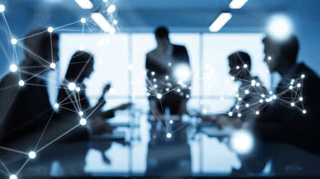 Business team meeting with network connections in a modern office space with blue lighting