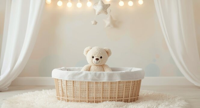 Plush teddy bear enjoying a peaceful moment in a baby bassinet